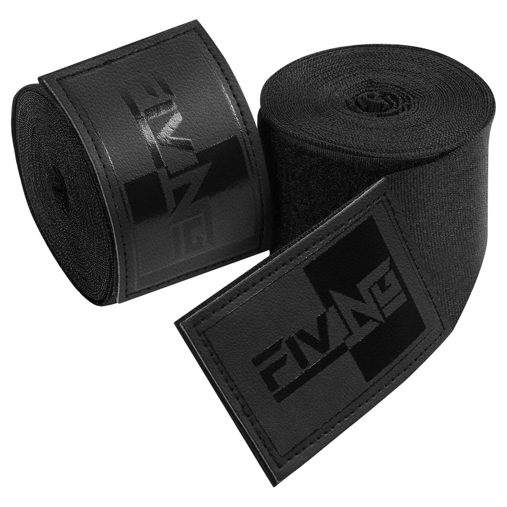 SF3085 black boxing hand wraps featuring thumb loop and hook-closure for martial arts, providing wrist support and protection.